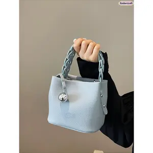 Women's Leather Bucket Handbag, Cute Woven Strap Top Handle Bag, Stylish Minimalist Shoulder Bag with Metal Ball Charm, Handbags for Women