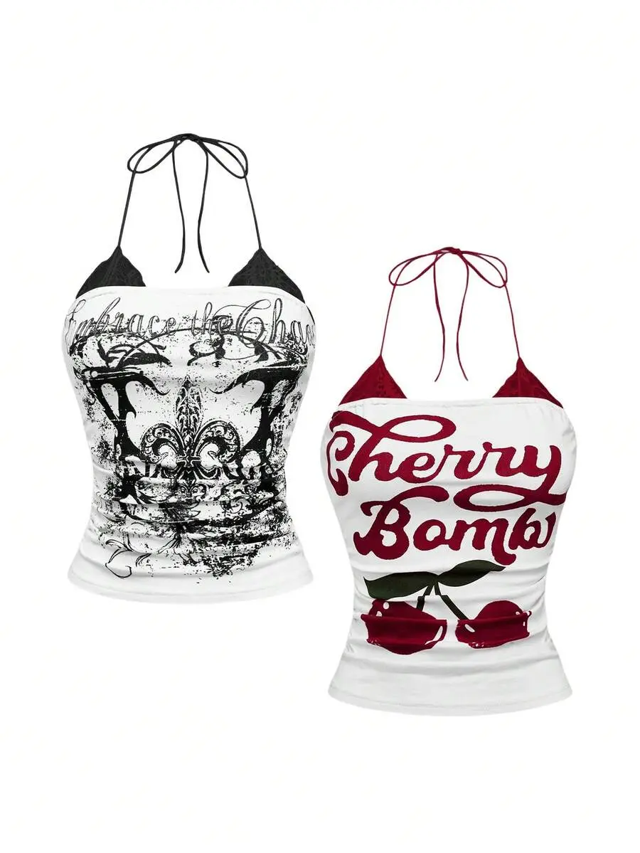 2pcs/Set American Vintage Cherry Print & Punk Vine Print Contrast Lace Halter Neck Bodycon Tank Top