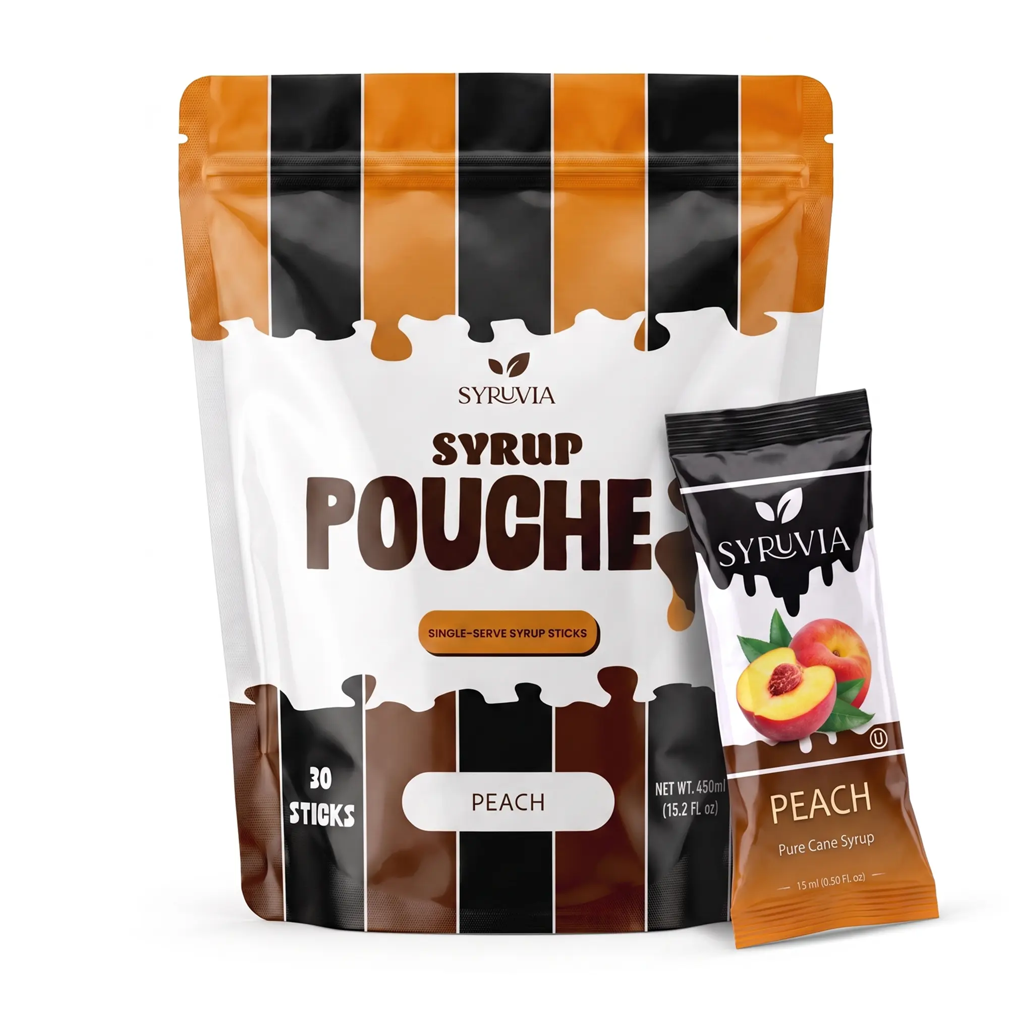 Syruvia Peach Syrup Pouches, Fruity Syrup Sticks for Cocktails, Fruit Drinks, Lemonades & Desserts, 30 Count (15 mL Each)