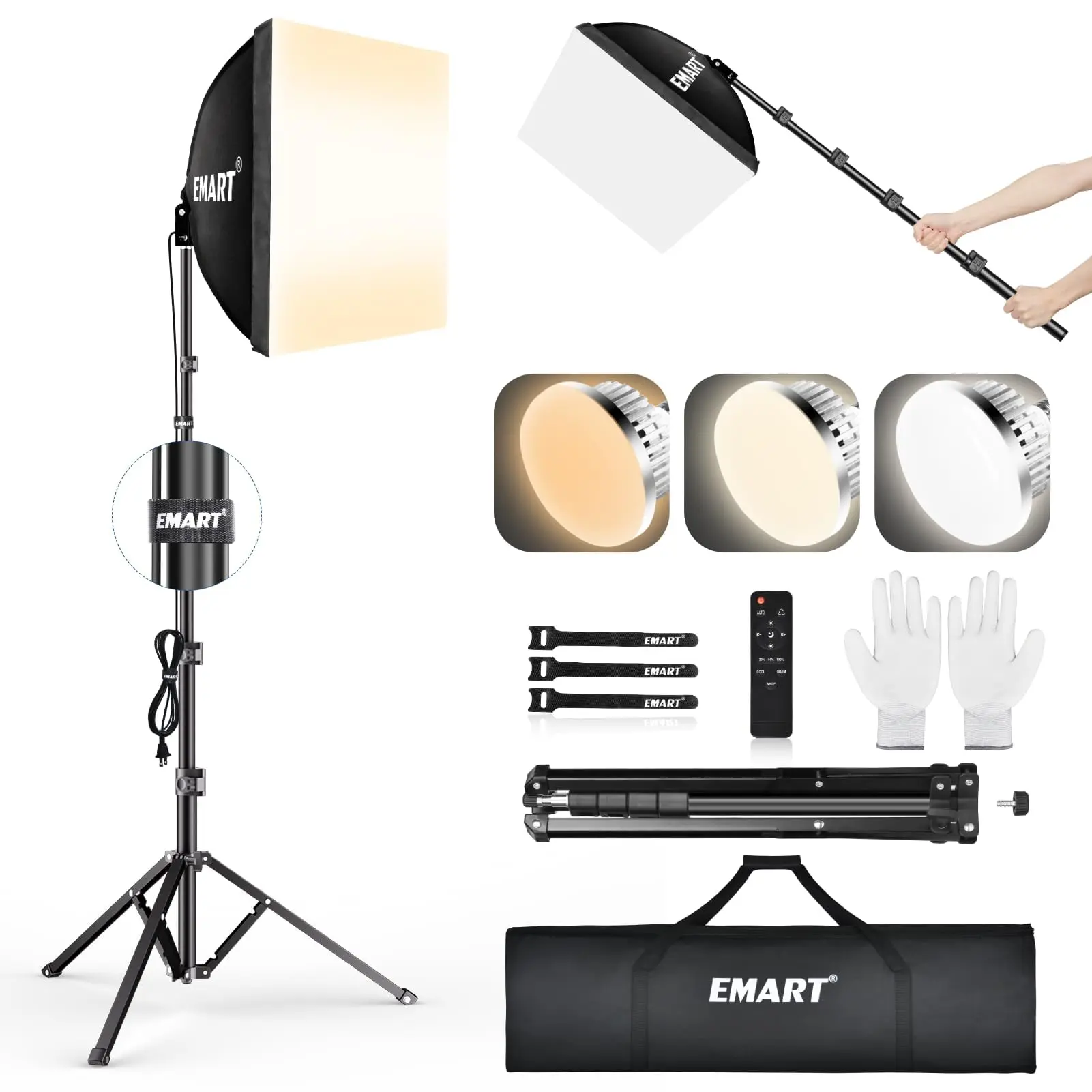 EMART Softbox Lighting Kit 16x16in 3000-6500K Adjustable for Shooting 85W LED Bulbs with Remote 65" Tripod Professional Softbox Photography Lighting Kit for Studio Portrait Video Recording