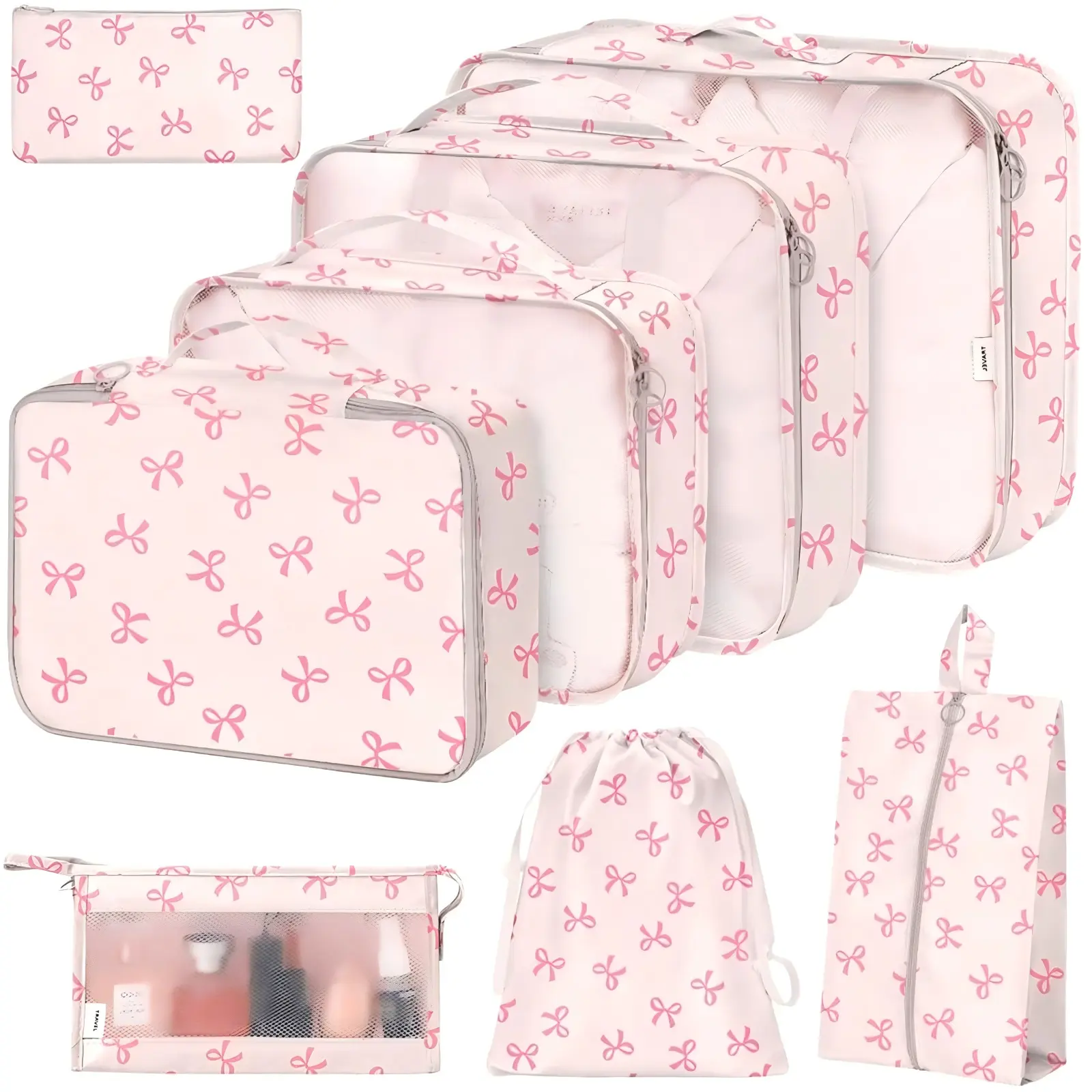 Women's Lightweight Packing Cubes (8-Set) with Bow Print Stuff - Nylon Zipper Pouches, Buckle, Foldable Mesh Bags for Luggage Organization, Travel Toiletries Kit, Clothing, Scratchproof, Cold Wash
