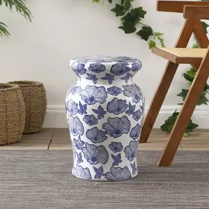 JONATHAN Y Poppies 17.7" Ceramic Garden Stool, White/Blue