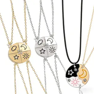Unique Sun, Moon & Star Puzzle Necklace Set for 3 & Matching Sun, Moon, Star & Cloud Necklace Set for 4 – Magnetic Friendship Jewelry with Customizable Nameplate, Rhinestone Detail, Ideal for Birthday, Anniversary, Valentine's Day Gifts