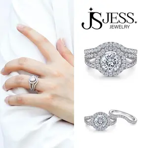 ��#106��2ct Classic Round Cut Synthetic Moissanite Halo Ring Set Includes Primary Ring and Eternity Band Set S925 Sterling Silver Jewelry D Color VVS