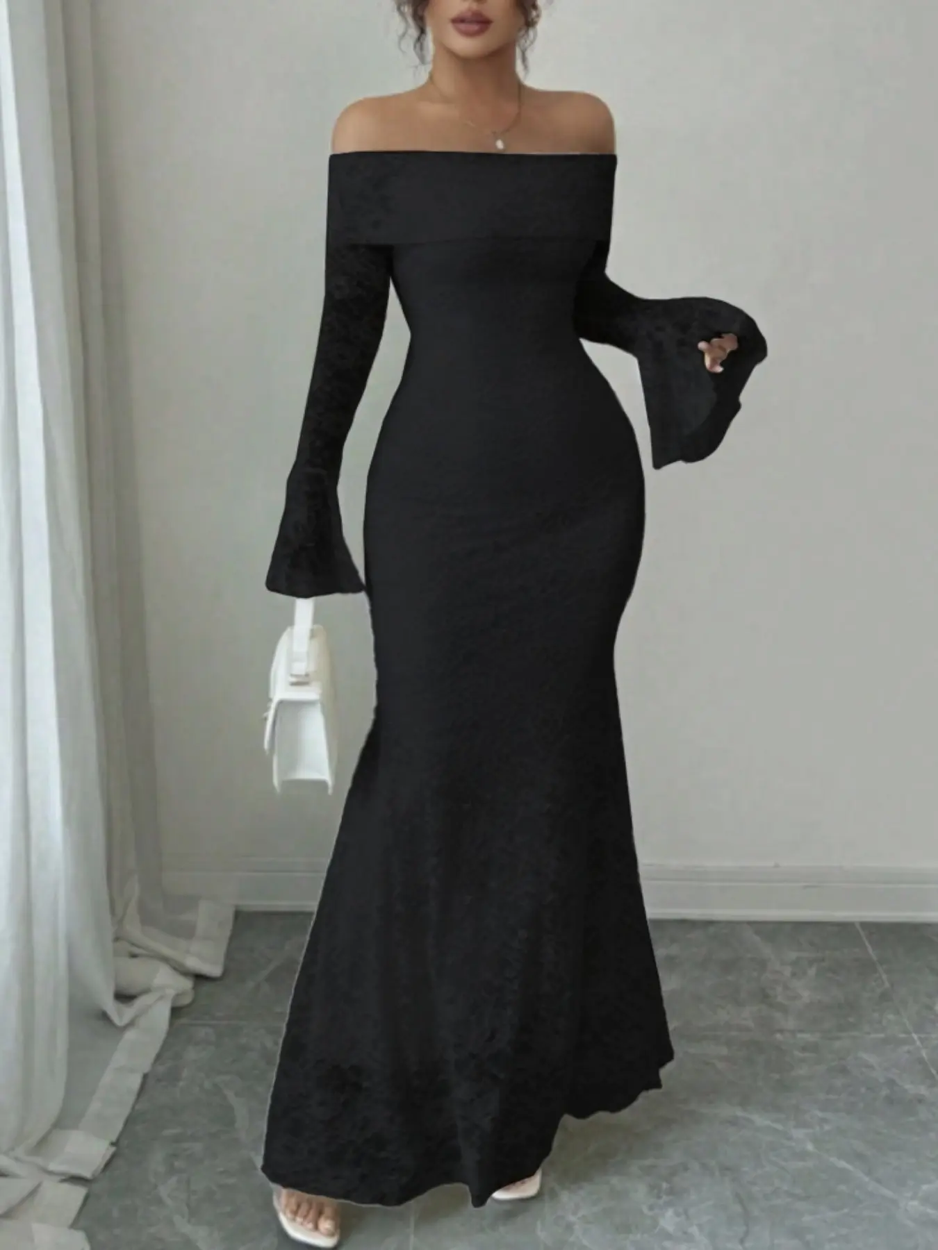 off shoulder fluffy dress Corset Off Shoulder Lace Puffy Sleeve Tulle Black Wedding Dress