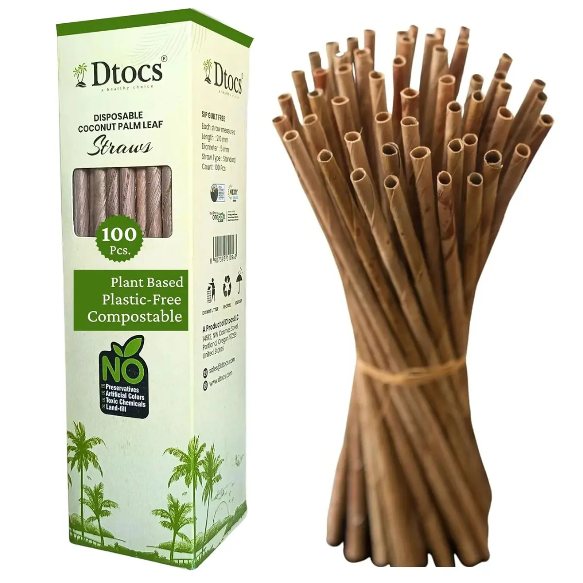 Dtocs Coconut Leaf Disposable Straws - 100 Eco-Friendly Biodegradable Straws for Everyday Use - Plant-Based & Sturdy - Healthy Replacement for Plastic Straws