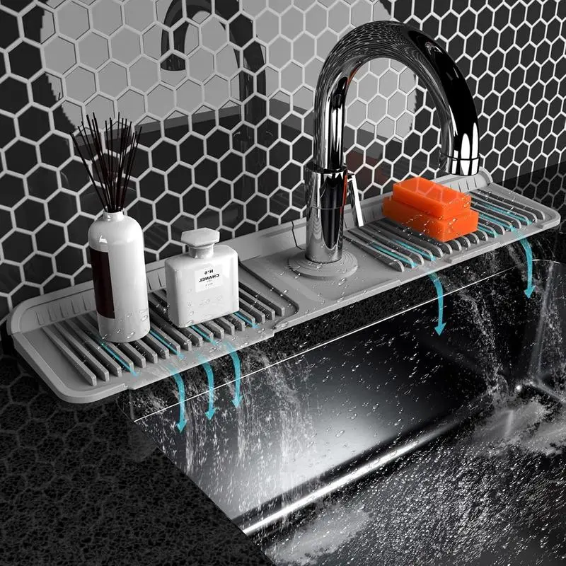 Kitchen Sink Faucet Mat, Silicone Folding Splash Guard, Draining Mat with Button Lock, Sink Faucet Protector, Sink Accessories for Kitchen Household