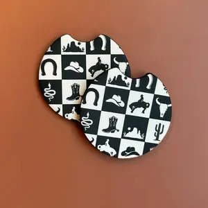 Black and White Western Checkered Car Costers