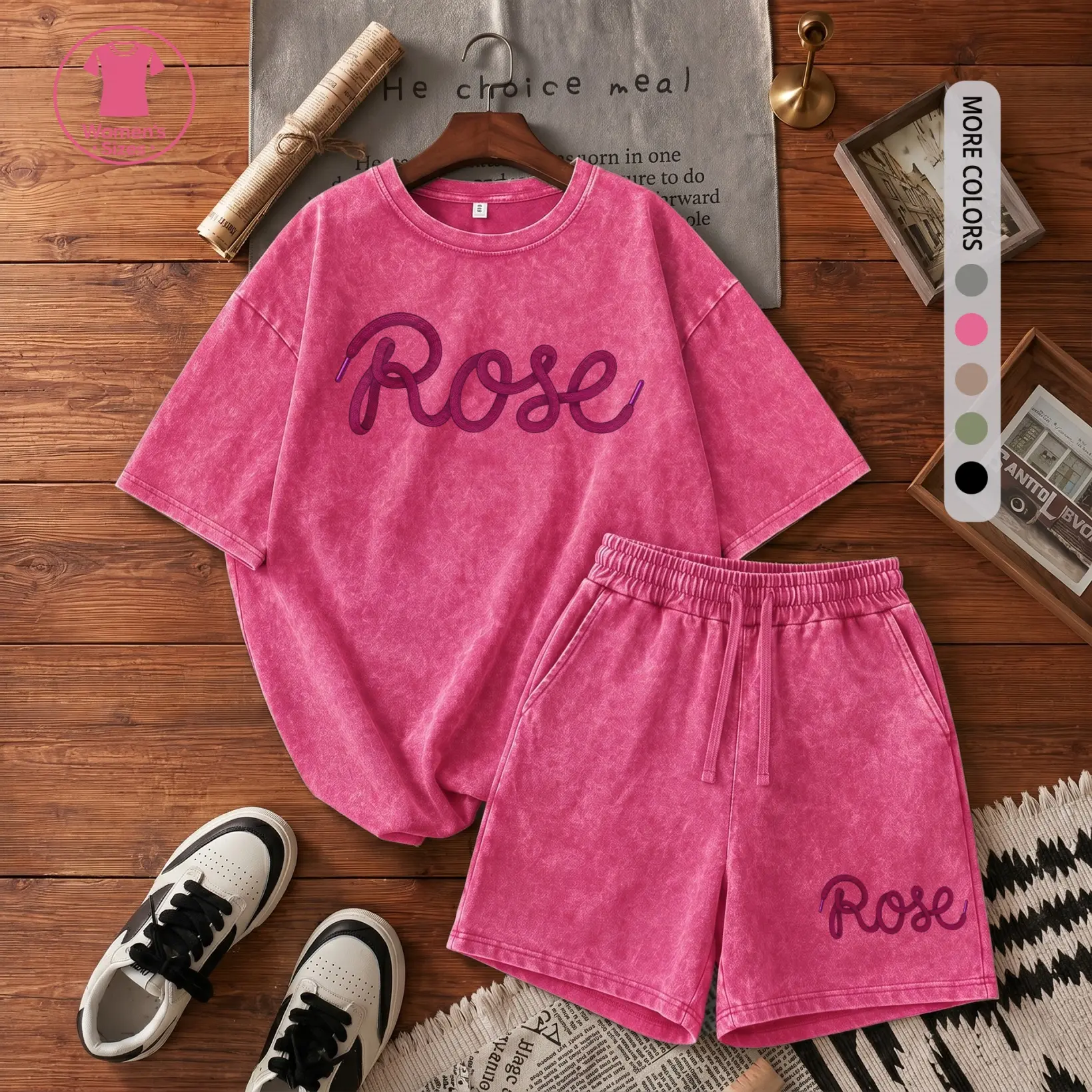 Women’s 100% Cotton Minimalist Letter Graphic Washed Tee & Loose Bermuda Shorts Set, Relaxed Two-Piece Outfit With Elastic Drawstring Waist, Trendy Casual Style