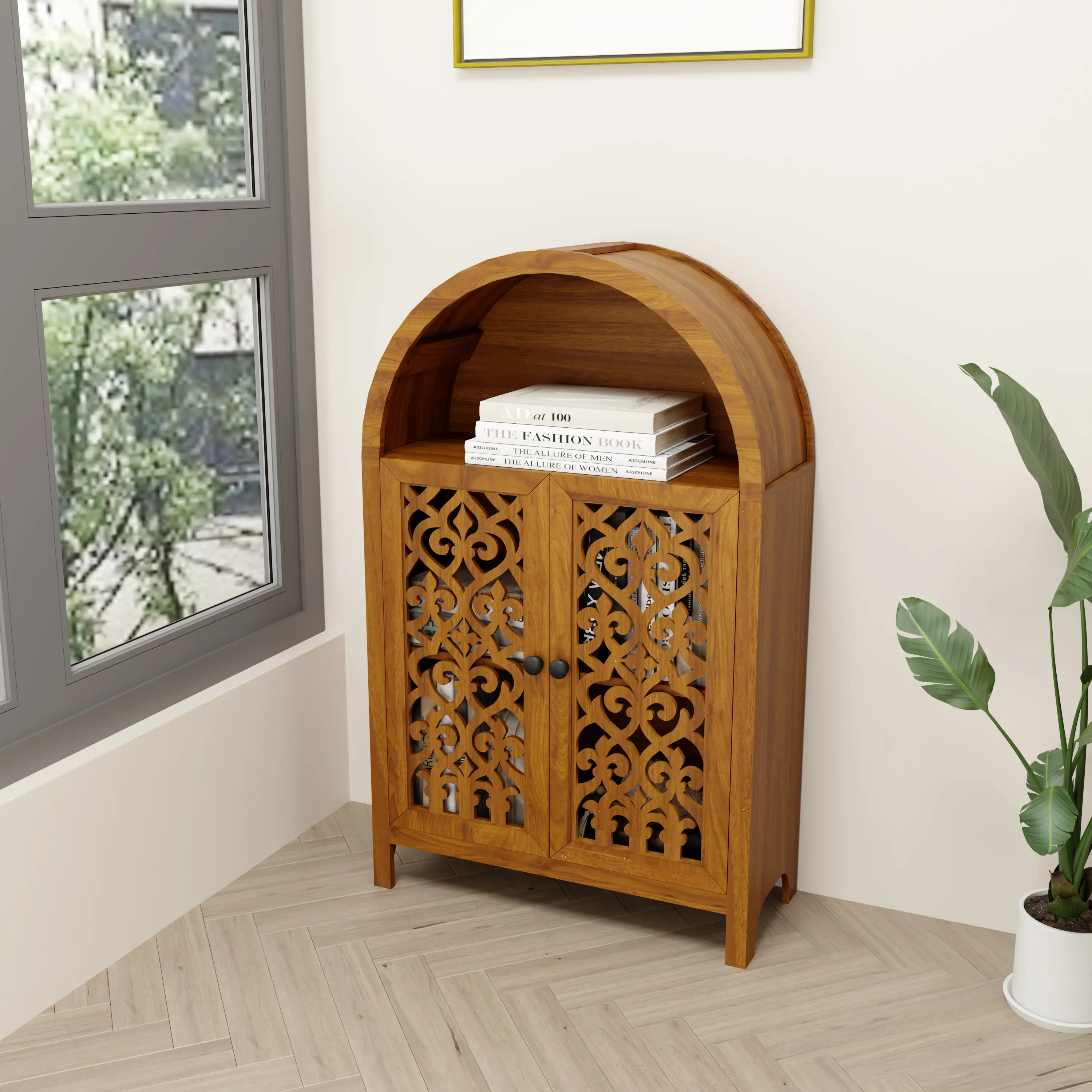 Hand-Carved Arched Cabinet, Solid Wood Storage Cabinet with Open Shelf & 2 Doors, Tall Narrow Accent Cabinet, Modern Arched Storage Display Cabinet for Living Room, Dining Room, Bedroom, Entryway, Walnut