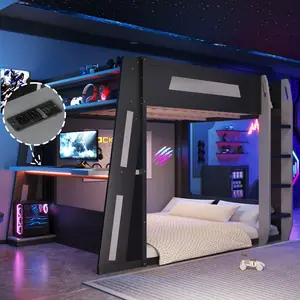 Queen over Queen Gaming Bunk Bed with Desk,Two Storage Shelves,USB and LED Light, Solid Wood Loft Bed Frame with Sturdy Slats for Bedroom, Dorm