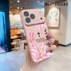 Pink lilies butterflies and GOD'S PLAN pattern bull's head Pattern Dopamine Style Solid Color Phone Case with Ultra Skin friendly Touch, All Inclusive Lens Phone Case Suitable for Apple 17 16 15 14 13 12 PRO MAX AIR PLUS