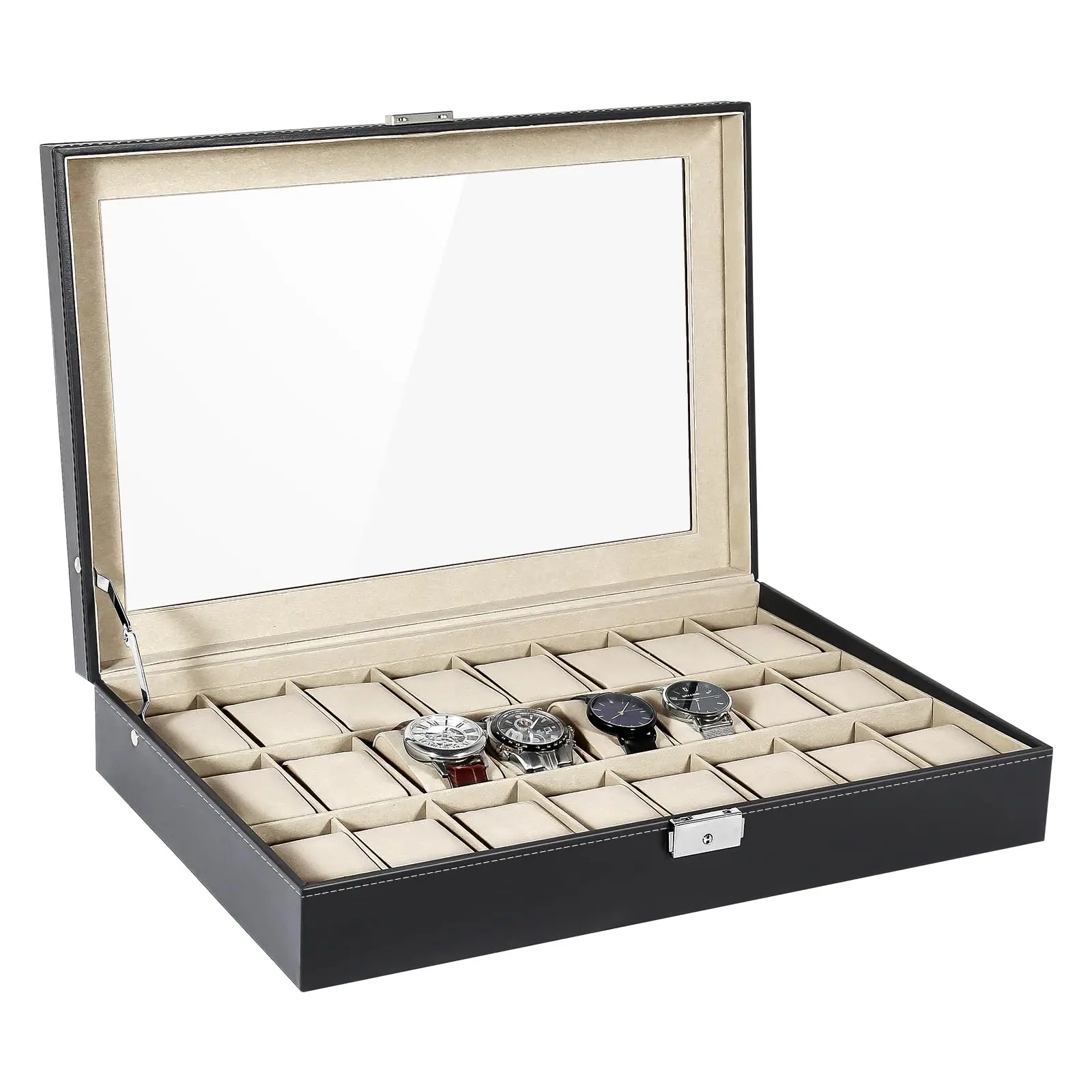 24-Slot PU Leather Watch Box, Fashionable Storage Organizer for Wristwatches with Glass Top and Removable Pillows, Fashionable Watch Accessories, Watchbox, Wristwatch Storage, Christmas, Birthday, Graduation, Gift Ideas, Sturdy, Collectibles, Anniversary,