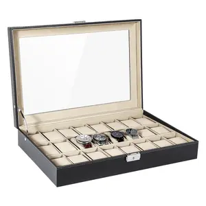 24 Slot Watch Box for Men Glass Top PU Leather Display Storage Organizer with Removable Pillows Push Button Butterfly Clasp Versatile Strap