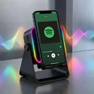 5in1 Phone Holder Speaker, wireless intelligent sensing Bluetooth speaker, 5000mAh/2000mAh rechargeable emergency power bank, 360 ° adjustable mobile tablet desktop holder, gift with colored ambient light, suitable for men and women
