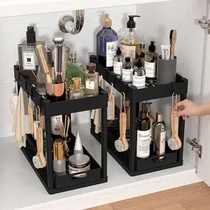 2 PCS Under Sink Organizer 2 Tier Bathroom Cabinet Organizer with Sliding Basket Multi-Purpose Storage 2-Layer Pull-Out Storage Rack, Large-Capacity Drawer, Home Organizer for Kitchen and Bathroom ，Entrance hall, bedroom, garage, living room