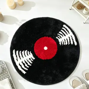 Vinyl Record Pattern Bathroom Rug, Music Theme Round Carpet, Retro Bathtub Non-Slip Washable Fun Bath Decor, Living Room Bedroom