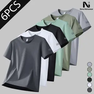 Men's 6 Pack Solid Color Crew Neck Short Sleeve T-Shirt Set, Sleeve Letter Print Casual Athletic Tees, Trendy Streetwear Summer Tops for Daily Wear Gym Workout and Beach Vacation