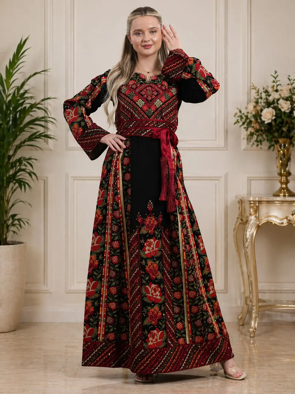Women's Palestinian Thobe with Floral Tatreez Hand Embroidery, Elegant Long Sleeve Modest Abaya Maxi Dress with Belt, Ethnic, Embroidered, Full Sleeves, Dry Cleaning, Belted, Custom Size, All Seasons