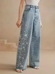 25AW Embroidery Women's Standard Fit Casual Wide-Leg Elastic Denim Jeans, Pants - Simple and Versatile, Suitable for All Seasons