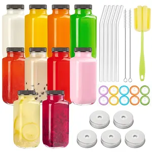 10 Pack 8 Oz Glass Juice Bottles with Lids, Reusable Travel Drinking Jars Juice Containers, Glass Bottles for Juicing with Brush, Straws, Lids with Hole