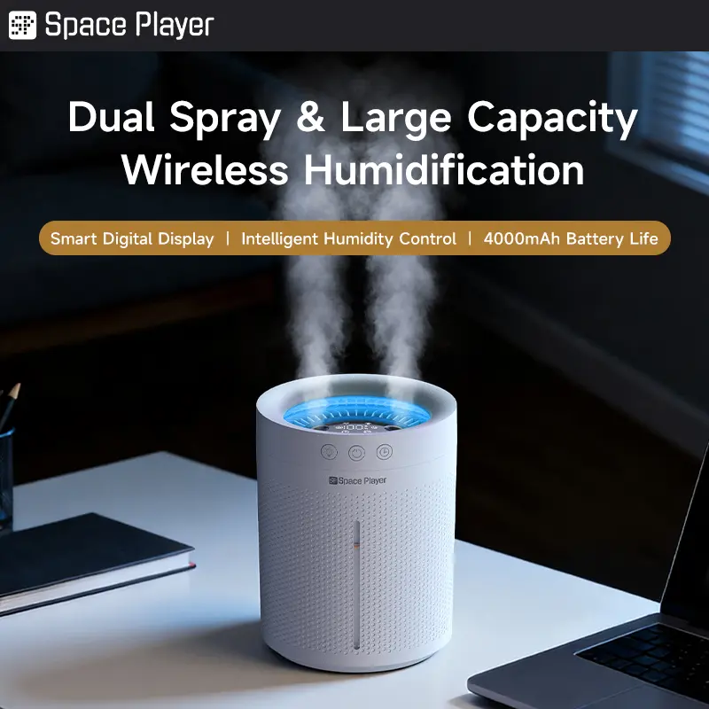 Space Player 3L Cordless Quiet Cool Mist Humidifier for Bedroom, Dual Mist | Cordless or plugged-in use; 4000mAh battery, 3L top-fill, dual mist, as low as 23dB, 2/4/8H timer, for rooms up to 269 sq ft