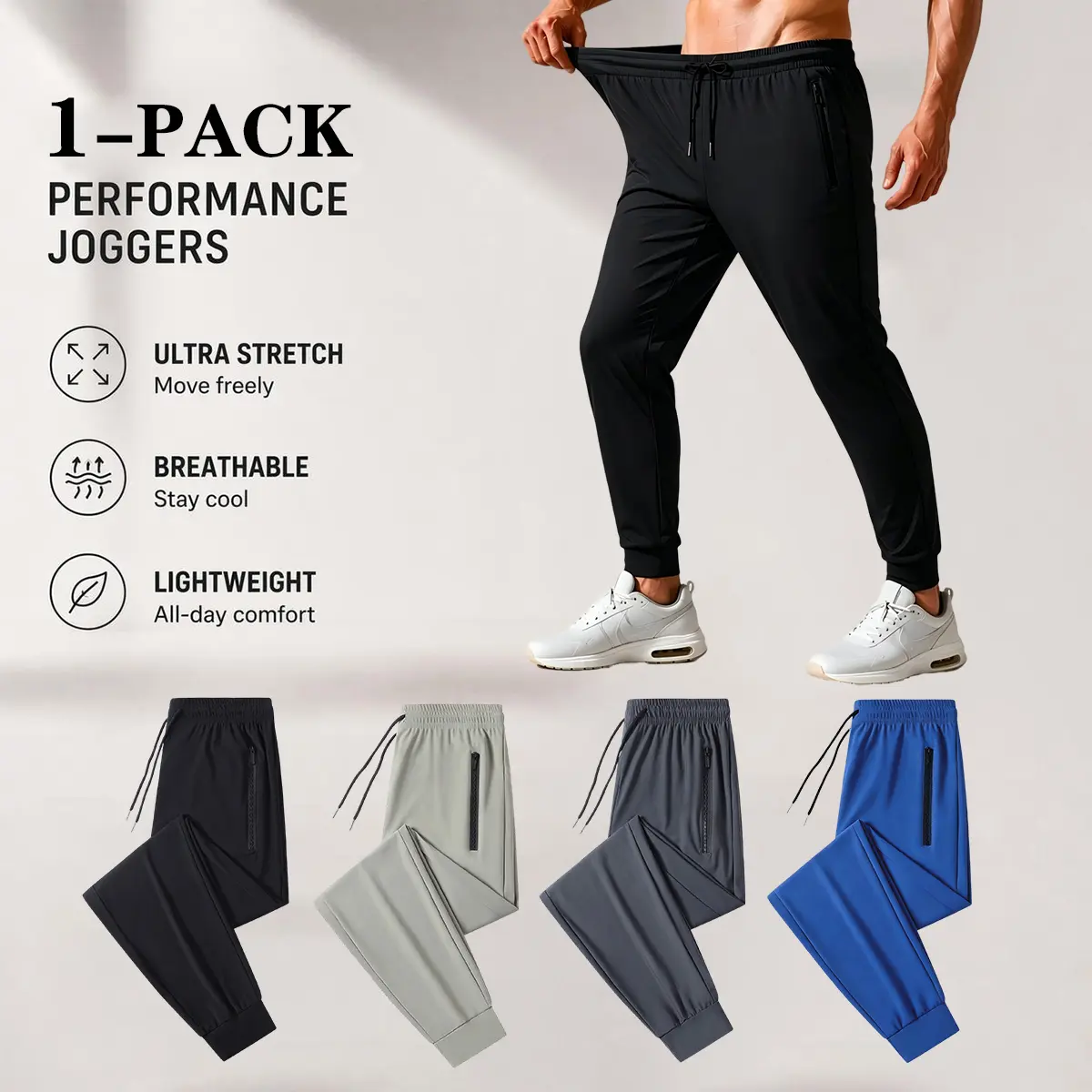 A summer outdoor essential: tech athletic pants—tight-fitting sports leggings with elastic cuffs at the legs, zippered pockets, a drawstring elastic waistband, ice silk fabric that’s highly stretchy and lightweight for quick drying; (unisex, couples’ styl
