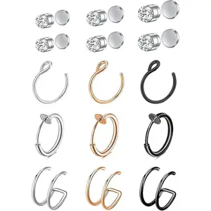 Fake Nose Ring Hoop Fake Nose Stud Magnetic Septum Nose Ring Stud Stainless Steel CZ Fake Nose Piercing Stud Faux Nose Ear Lip Cuffs Non Pierced Jewelry for Women Men