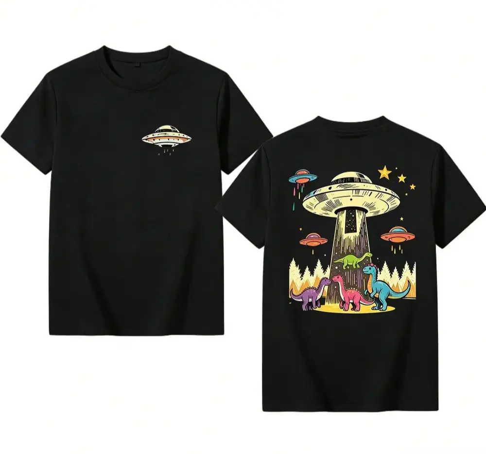 Vintage Washed Mint Green Nostalgic Sci-Fi T-Shirt - Loose Fit Round Neck Short Sleeve T-Shirt with UFO and Dinosaur Prints, 180 grams, suitable for everyday casual wear and summer adventures