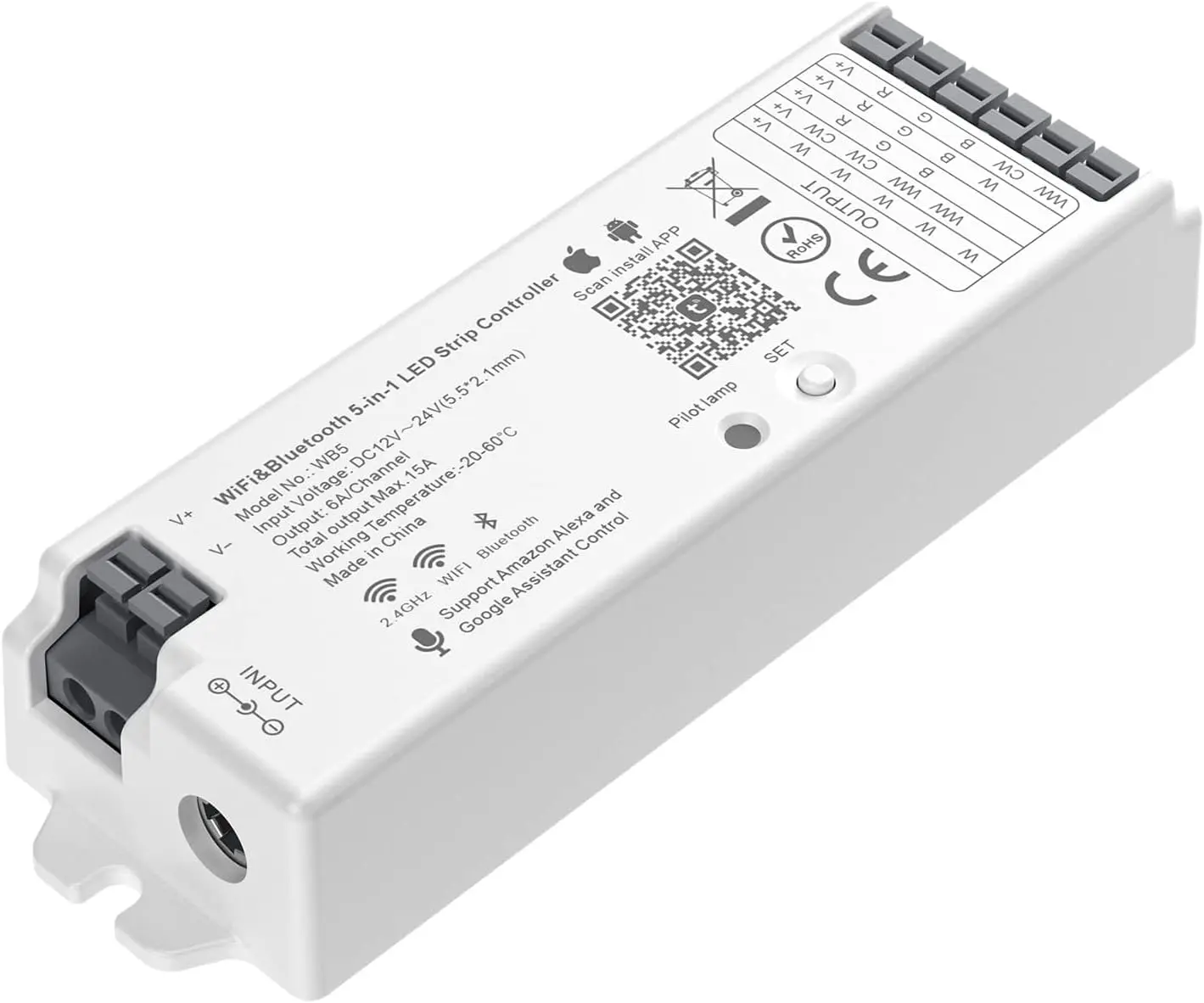 5in1 WB5 2.4GHz Tuya Wi-Fi PWM Smart LED Controller for Smart Homes, 180W Max, 2.4GHz RF Remote Compatible, Voice Control, Auto-Synchronization Function, CCT C02W Controller, Works with WR01RF WR02RF for Dimming RGB RGBW RGBCCT LED Strips