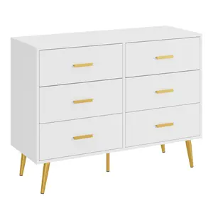 White Modern 6 Drawer Wooden Dresser with Gold Knobs Large Storage Chest for Bedroom Living Room and Entryway Organizer White Stylish Elegant Cabinet
