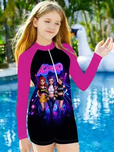 Girls' Neon K-Pop Swimsuit Style, Colorblock Sun Protection Wetsuit, Water Park Vacation Swimwear, Slim-Fitting Jumpsuit