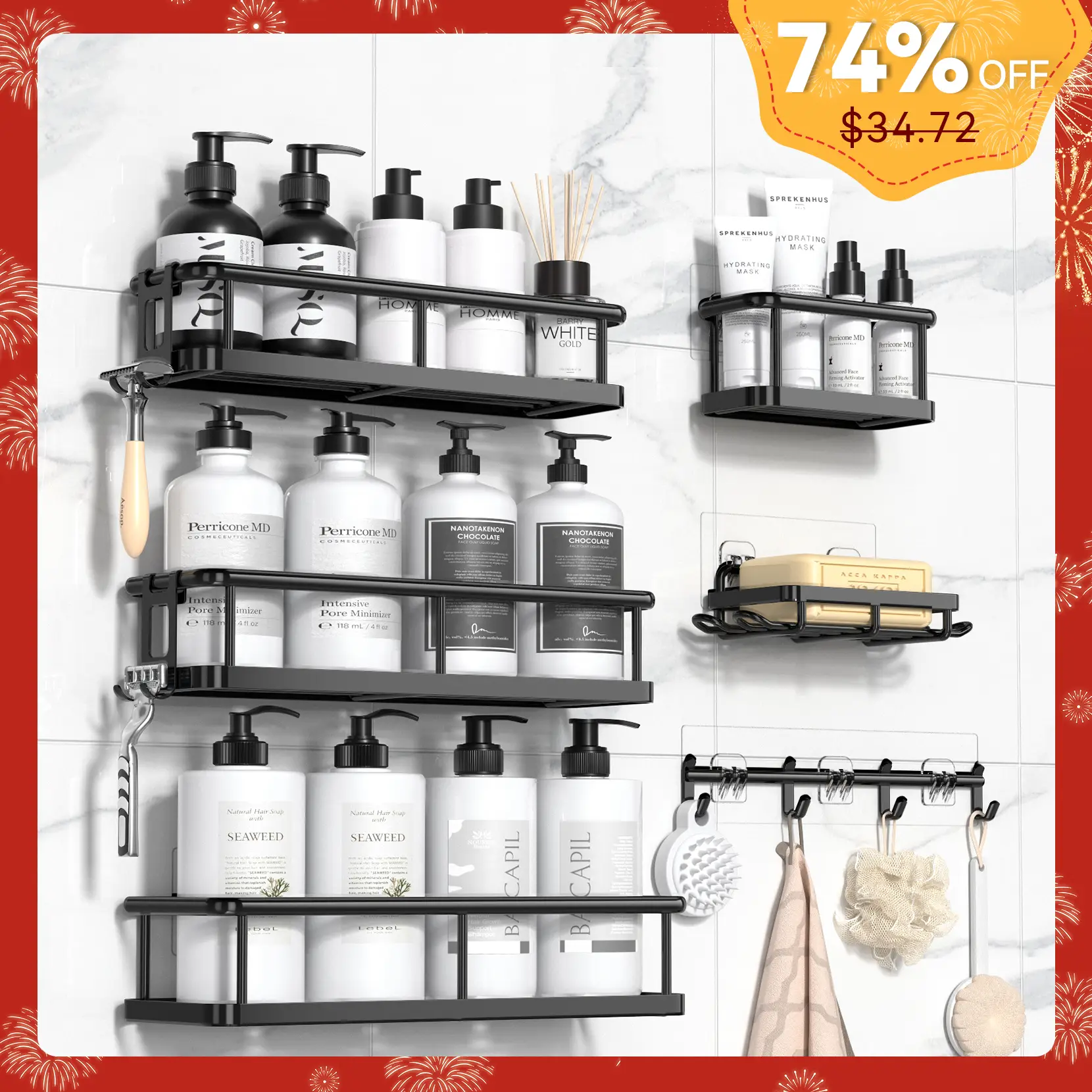 YASONIC 2/5/6 Pack Shower Caddy Shelf Bathroom Shower Organizer Rack No Drilling Multifunctional Organizer,Self Adhesive Black Bathroom Shelves Basket