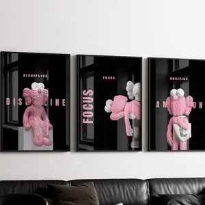 A set of three frameless black and pink cute bear posters in a kawaii style. They are motivational wall art decorations, suitable for decorating the walls of rooms, living rooms and offices, showcasing an aesthetic style. Box Water Proof