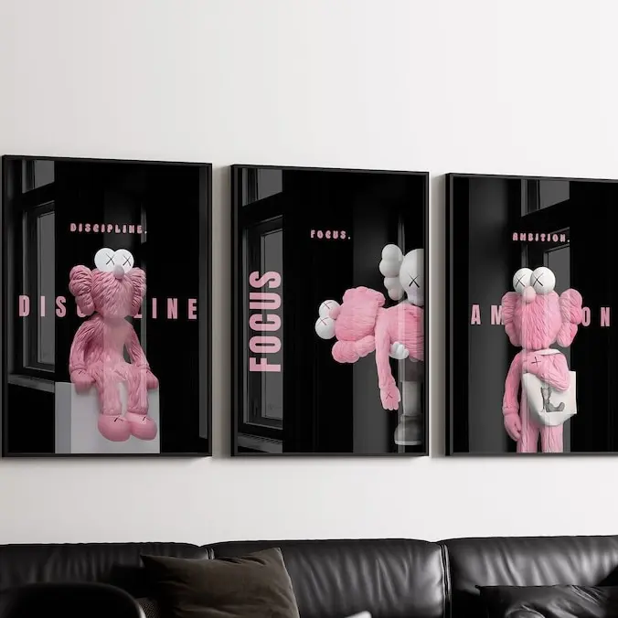 3-Piece Unframed Kawaii Cute Bear Print Set, Black and Pink Cute Animal Design, Waterproof Modern Abstract Motivational Wall Art, Modern Home Decor Room Accessories for Bedrooms & Offices posters wall art