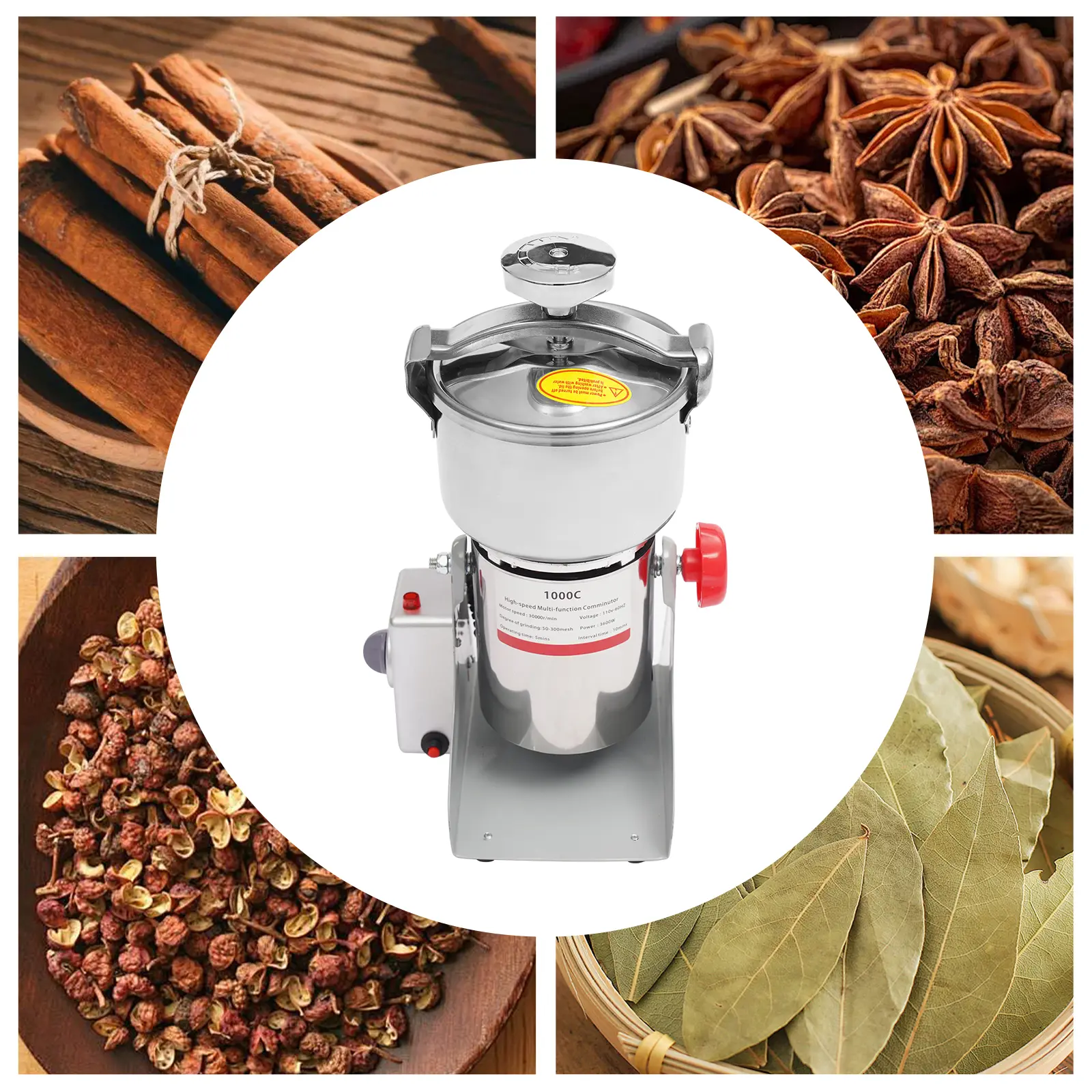 Automatic 3600W Electric Grain Grinder with 304 Stainless Steel, 30000RPM, 2.2 lbs Capacity, 1-5min Timing, 50-300Mesh, 0-180° Tilt, Overload Protection, Wrench, Sieve, US Standard, 8.38 lbs Weight for Hospital Cordyceps, Home Kitchen Seasoning Utensils