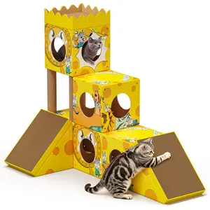 PalNests Cardboard Cat Tree, 3-in-1 Multi-Level Cat Tree Tower with Scratching Posts, Scratching Board, Tunnel & Playhouse for Kittens & Medium Cats, DIY & Recyclable 48.82" × 25.00" × 40.16" in