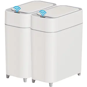 2-Pack - Bathroom Trash Can Automatic Touchless - 2 Gallon Slim Motion Sensor Garbage Can -  Basket for Bedroom, Laundry room, Small Spaces - Narrow Automatic Trash Bin - White with Grey Edge