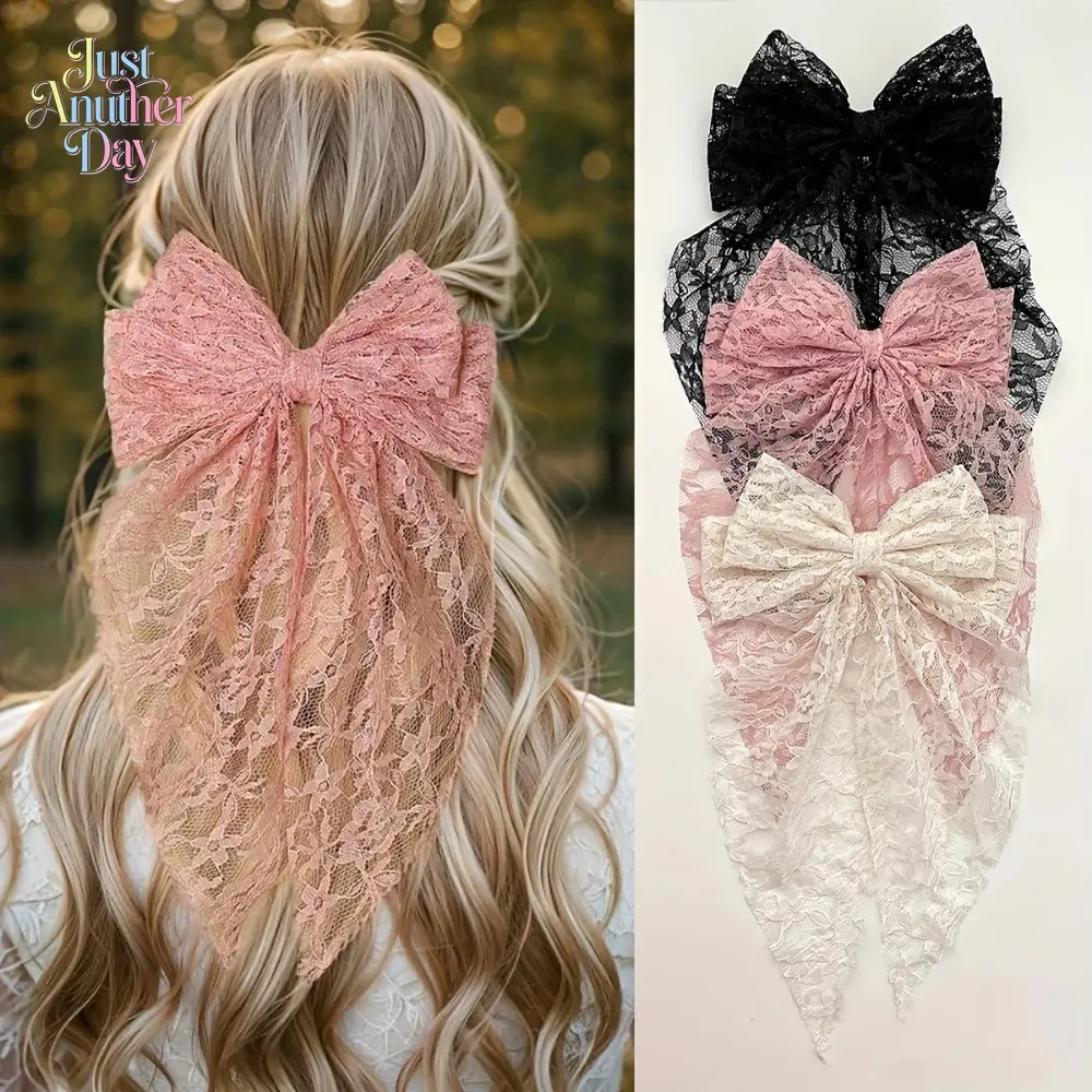 2026 New Cute Hair Clip Set, Double-Layer Lace Embroidery Hairpin, Bow Streamer Spring Clip Sweet Hair Accessory for Sports & Outdoor, Camping & Hiking Use