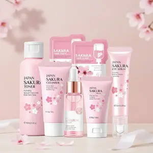 Sakura 7-Piece Facial Skincare Set, Includes Cleanser, Serum, Cream, Toner, Eye Cream, and 2 Mud Masks, Brightening Moisturizing, Ideal Gift