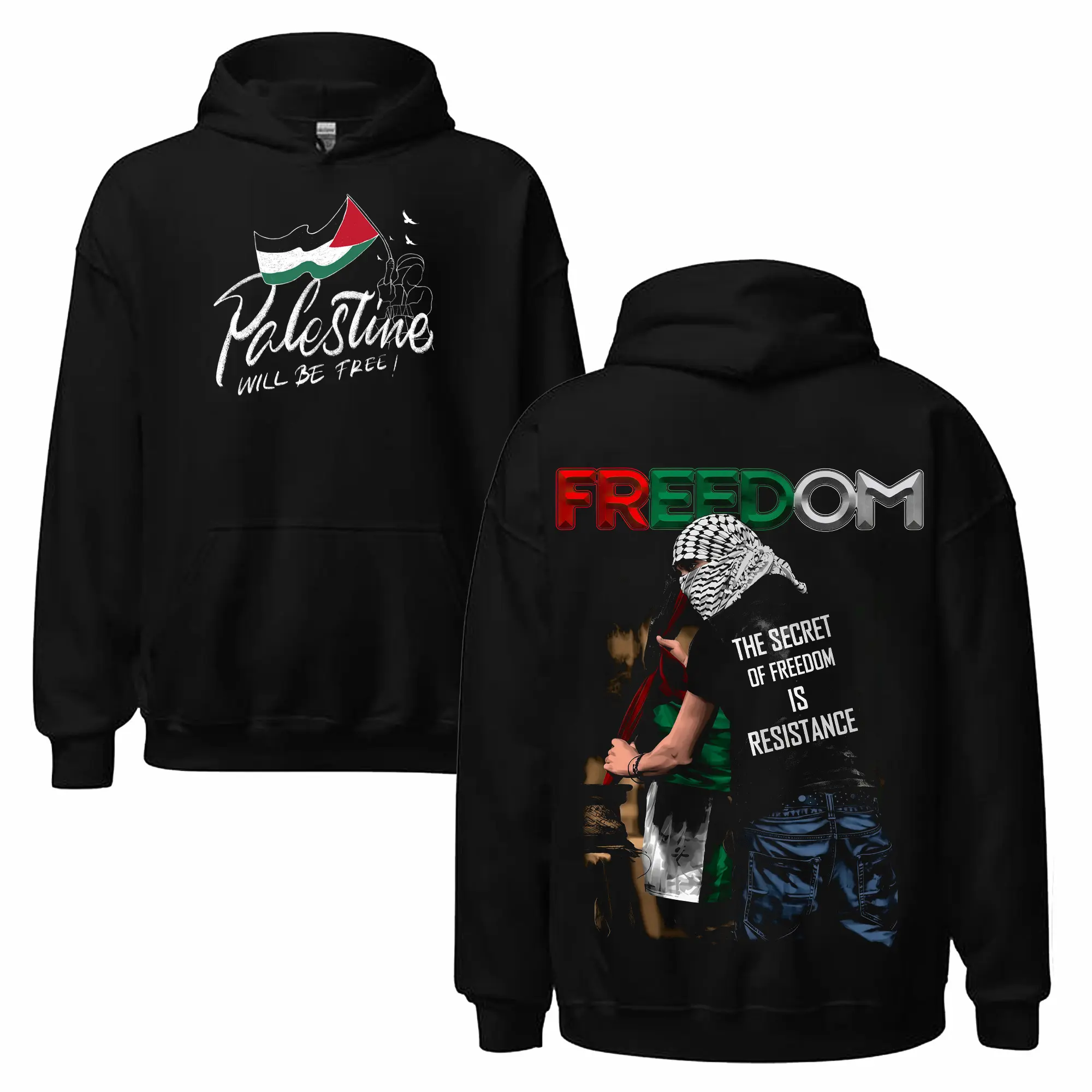 Free Palestine: Palestine Will Be Free Retro Aesthetic Double-Sided Graphic Hoodie - Oversized Unisex Streetwear Pullover with Vintage Wash, Limited Edition Trendy Casual Wear