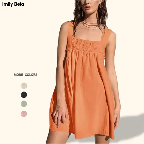 Imily Bela Women 's Summer Casual Sleeveless Mini Dress Square Neck Smocked Swing Loose Babydoll Dress Breathable Womenswear