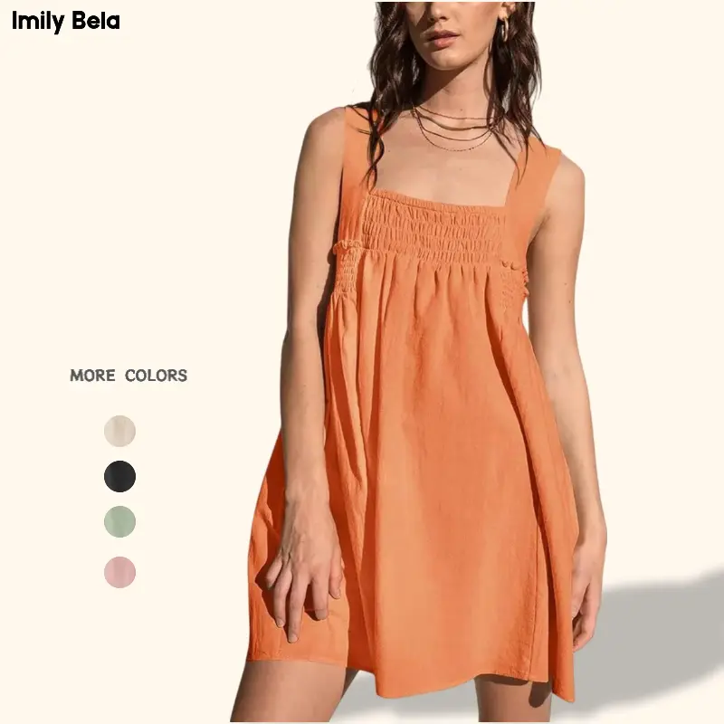 Imily Bela Women 's Summer Casual Sleeveless Mini Dress Square Neck Smocked Swing Loose Babydoll Dress Breathable Womenswear