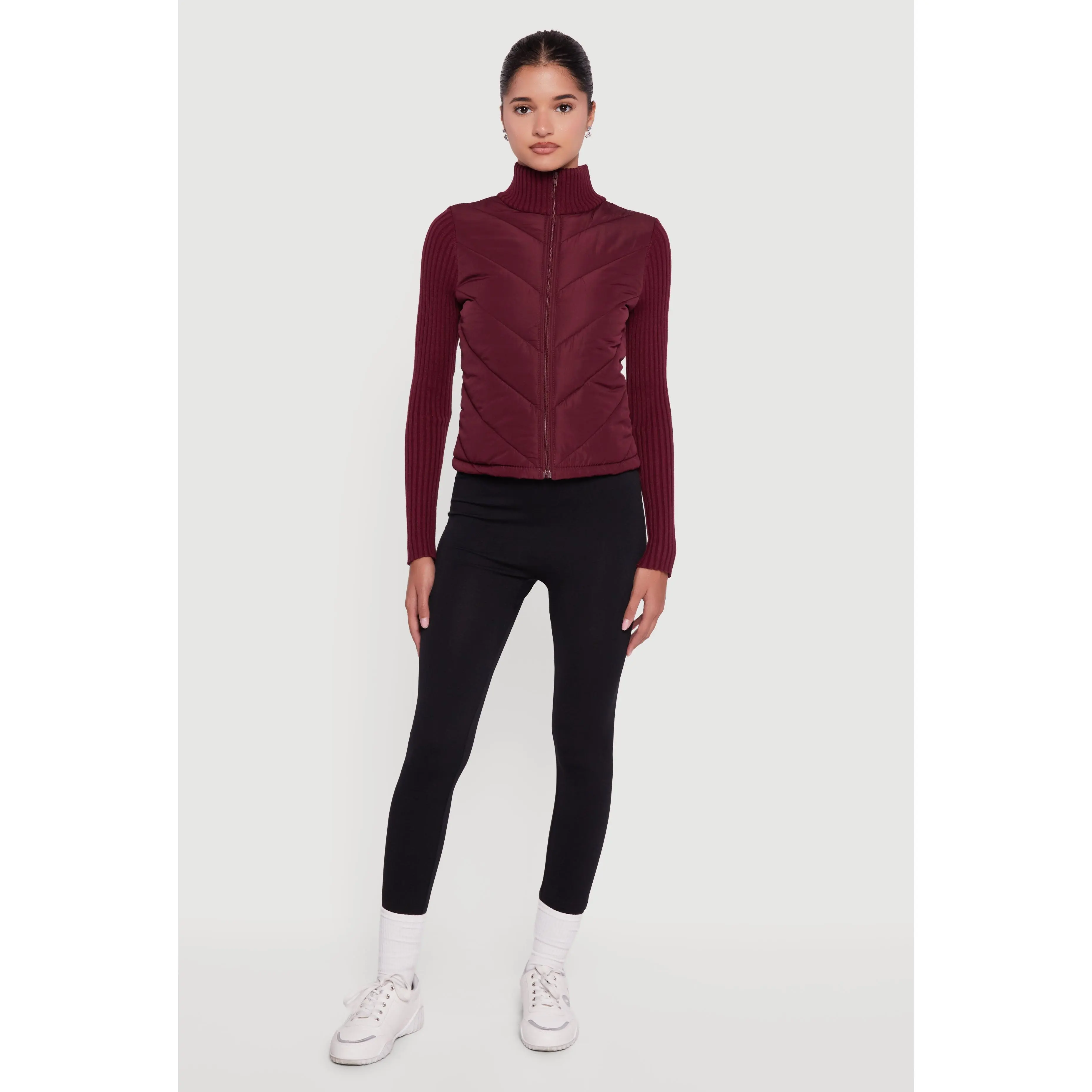 Quilted Puffer Jacket with Ribbed Knit Sleeves