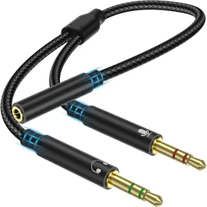 Headphone Splitter for Computer, 3.5mm Female to 2 Dual 3.5mm Male, Mic Audio Splitter Cable Jack Earphones Port Cord Gaming Headset to PC Adapter