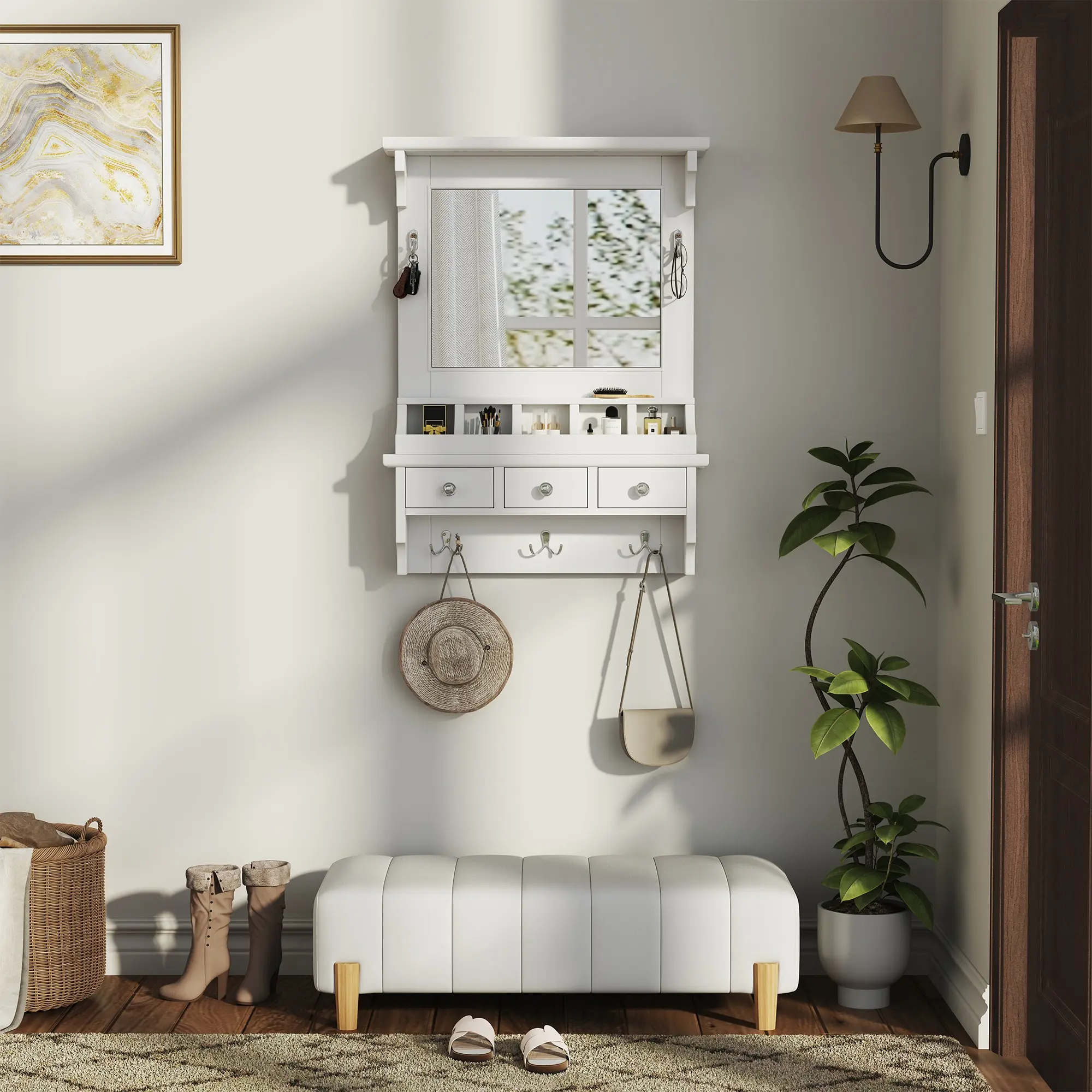 Modern Wall-Mounted Floating Vanity Desk with Large Mirror, Storage Unit Including Drawers, Pockets and Hooks - Space-Saving White Indoor Makeup Vanity Organizer