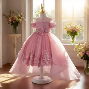 166 Kids girls' elegant dress with unique design and train beaded embroidered dress suitable for travel photo taking and important occasions