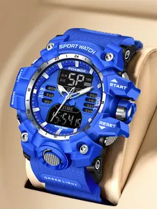 Foxbox Outdoor Sports Shockproof Watch, Multifunctional Waterproof Luminous Men's Electronic Watch, Quartz Movement, Resin Case, Round Dial, Water Resistant Watch
