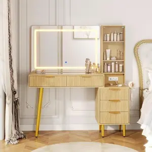 Garvee Vanity Desk with LED Lighted Mirror & Power Outlet, Fluted Makeup Vanity with 5 Drawers and Storage Shelves, Modern Dressing Table with Solid Wood Legs for Bedroom, Dressing Table Fluted Vanity for Wo