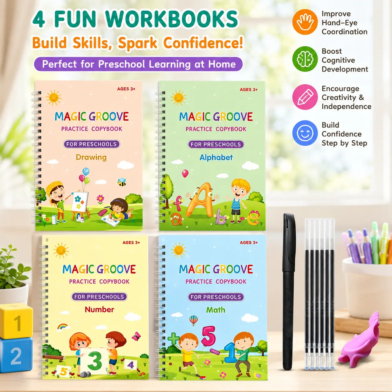 Magic Book Handwriting Practice Books Set for Kids - 4 Reusable Grooved Letter Tracing Books with Cartoon Pen, Pen Holding Aid & 10 Refills Student Essentials